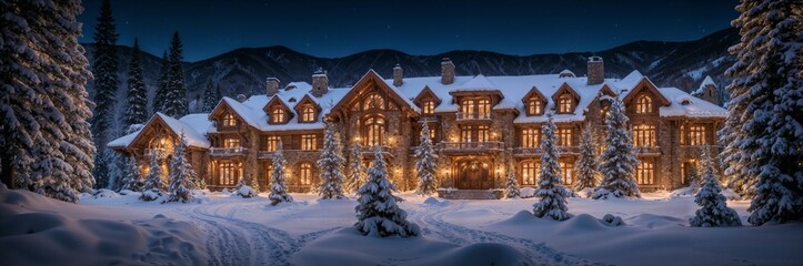A beautiful mansion in the luxurious mountains of Aspen, Colorado, with a snowy view and a Christmas vibe
