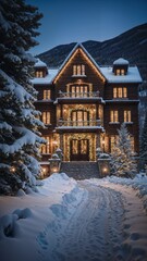 A beautiful mansion in the luxurious mountains of Aspen, Colorado, with a snowy view and a Christmas vibe