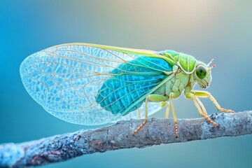 Detailed macro shot of a vibrant green cicada perched on a branch with translucent wings illuminated by soft sunlight showcasing fine textures and vivid natural details for a nature stock background