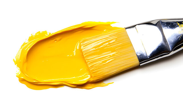 A large brush resting on a thick glob of yellow gel-like paint, showing the thickness and viscosity of the paint