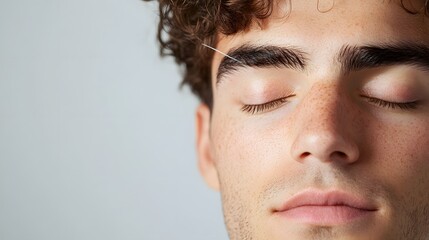 Fototapeta premium Close-up of young man receiving eyebrow threading treatment.