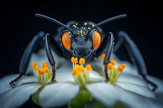 High resolution macro of a black and yellow carpenter bee hovering over delicate white flowers with vibrant pollen details and soft natural lighting perfect for nature inspired designs