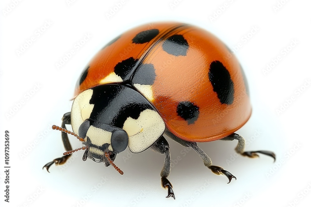 Poster close up of a vivid orange and black spotted ladybug crawling on a green surface sharp macro details