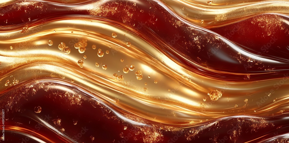 Aufkleber Abstract wavy patterns resembling syrup with bubbles and golden highlights.