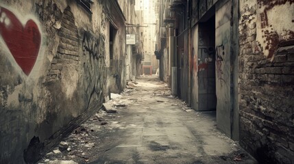 Desolate urban alleyway with graffiti and a heart.
