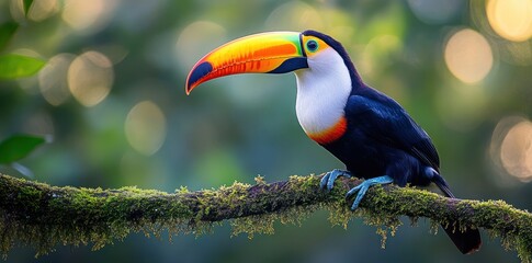 Fototapeta premium Keel Billed Toucan Perched On Mossy Branch
