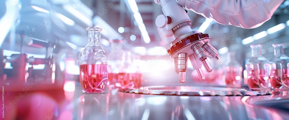 Poster robotic arm using microscope in a lab with pink liquid samples.