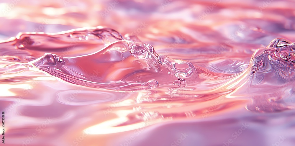 Poster a close-up view of shimmering water with pink and purple hues, creating a serene atmosphere.