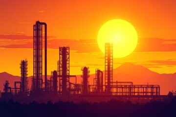 Sunset industrial skyline with silhouettes of factory chimneys and cooling towers against a vivid orange sky reflecting environmental and industrial themes