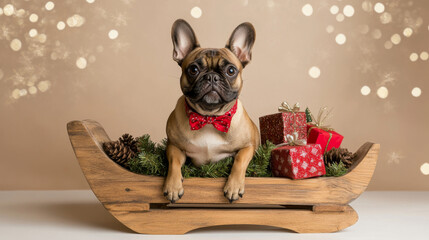 French Bulldog wearing festive bowtie sits in wooden sleigh surrounded by pinecones and Christmas gifts, exuding joyful holiday spirit