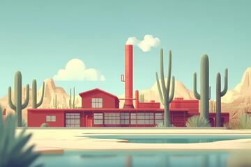 Fototapeta premium Remote industrial facility in a cactus filled desert landscape with bold red structures and smokestacks symbolizing energy production and isolated industrialization