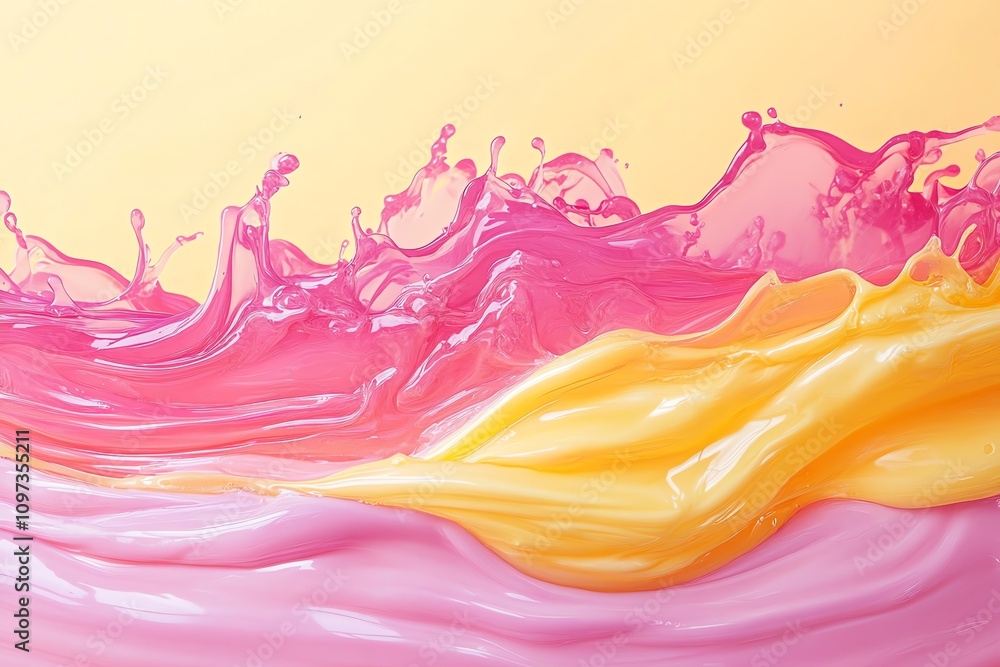 Poster A vibrant splash of pink and yellow paint creating dynamic waves and textures.