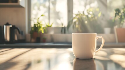 White Coffee Mug On Kitchen Counter In Sunlight