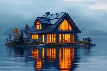 Fototapeta premium the house and solar panels on the roof. The concept of an energy-efficient home. 3D illustration design,