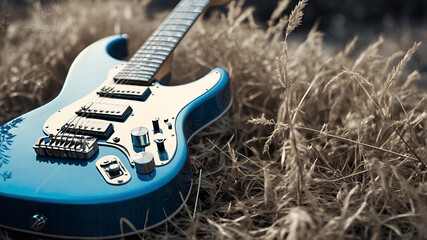 Elegant blue electric guitar on dry grass, graceful and serene appearance