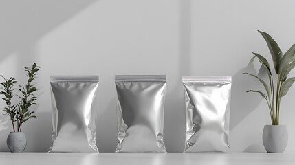 Three Blank Silver Pouches With Plants