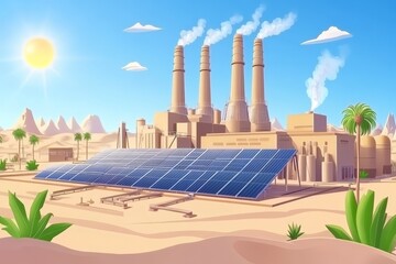Obraz premium Renewable energy farm featuring solar panels and wind turbines in a sunny desert landscape symbolizing sustainable energy generation