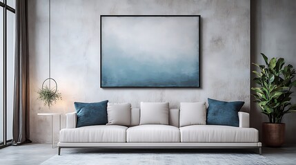 Fototapeta premium Modern Living Room with Blue Abstract Artwork and White Sofa