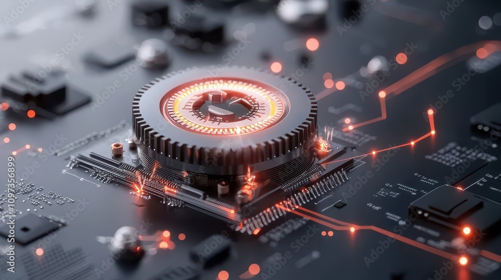 Poster futuristic circuit board with glowing processor and technology elements
