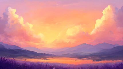 Fototapeta premium Pastel lavender clouds against a fading peach sky at sunrise with a serene morning glow