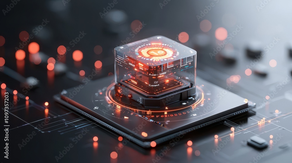 Aufkleber futuristic transparent cube with glowing elements on circuit board