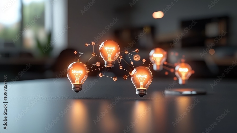 Poster light bulbs connected with network lines on a dark table surface