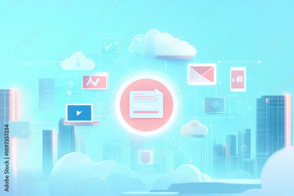 Poster document sharing network, cloud computing, data transfer, digital document, cityscape background.