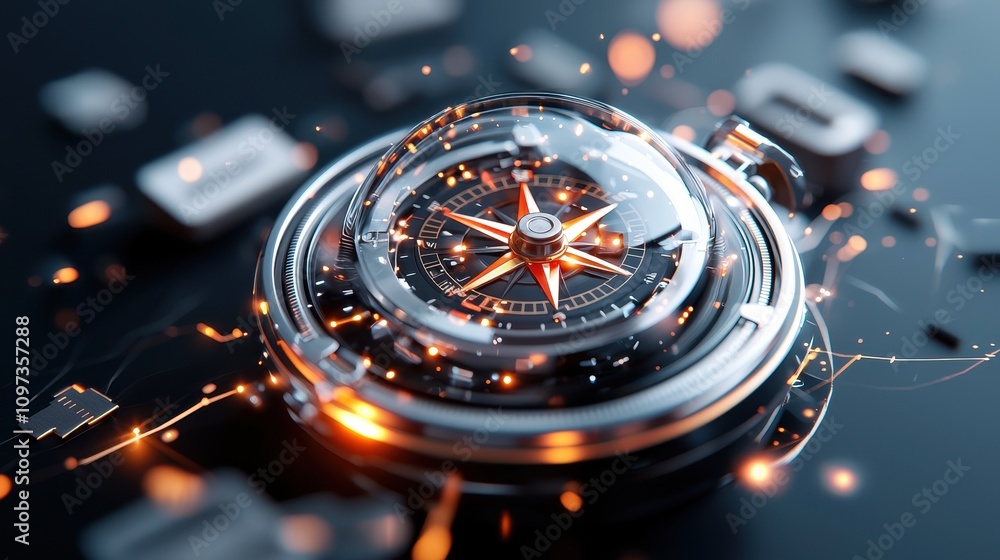 Poster futuristic compass with illuminated elements and abstract background
