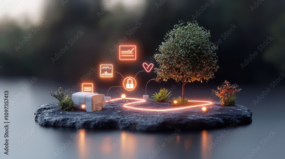 Poster glowing pathway on island with tree and digital icons in nature