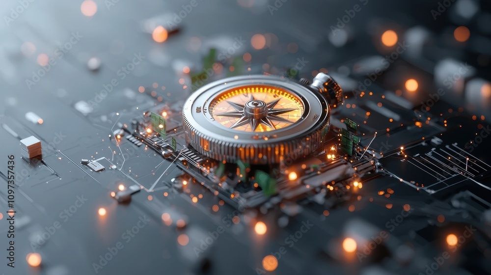 Poster high-tech compass on circuit board with glowing elements