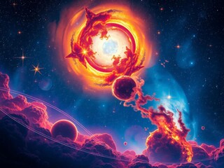 Colorful nebula and galaxies in a mesmerizing cosmic background, cosmic energy, cosmic mystery