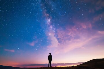 Fototapeta premium Silhouetted person gazing at a majestic night sky filled with stars and the Milky Way galaxy.
