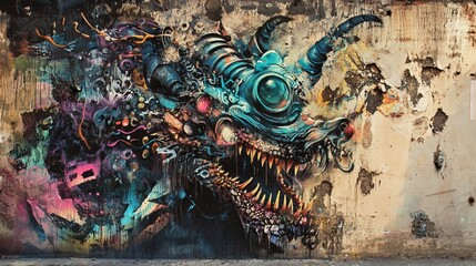 Obraz premium Colorful, detailed mural depicting a monstrous, biomechanical creature's head on a weathered wall.