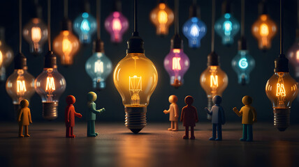 concept collective brainstorming innovation teamwork creativity creative brainstorm ideas light bulb diverse group colorful miniature human figures collaboration diversity engagement share