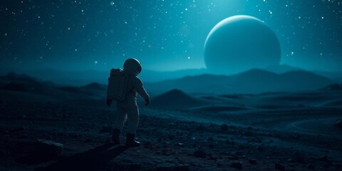 Fototapeta premium Cosmonaut standing in solitude against cosmic landscape, gazing into distance on solar system expedition, solar system, solitude