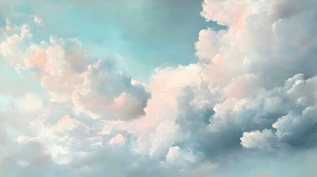 Soft mint and blush clouds floating gently in a powder blue sky evoking calm and tranquility