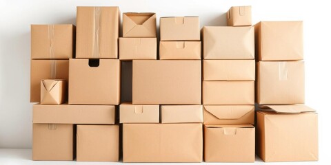 Craft cardboard boxes in various sizes and shapes isolated on a white background, storage, arrangement