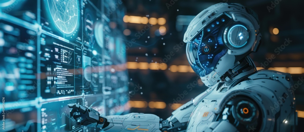 Poster futuristic robot interacts with holographic interface.