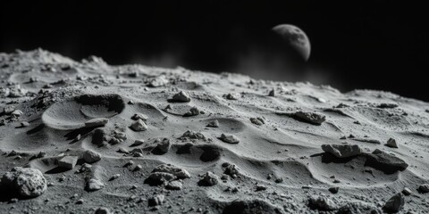 Craters and rugged terrain on the surface of the moon with rocks and dust, satellite, moon