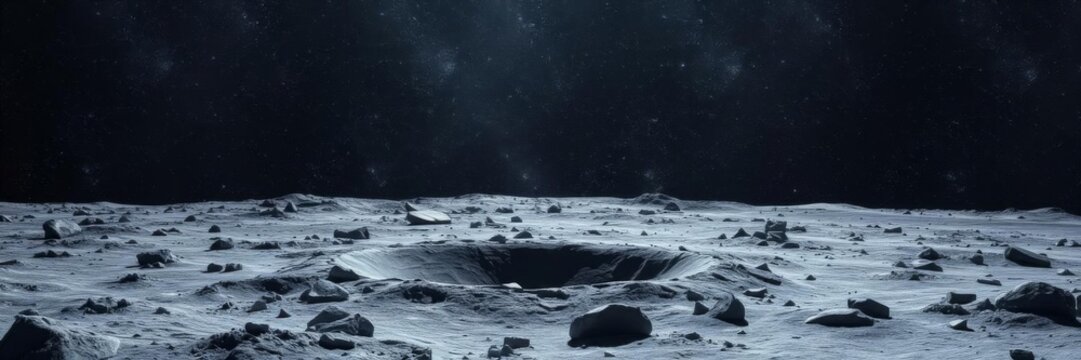 Cratered surface of a distant moon or planet, showcasing the impact of cosmic debris on its rugged terrain, space, rocky - Powered by Adobe