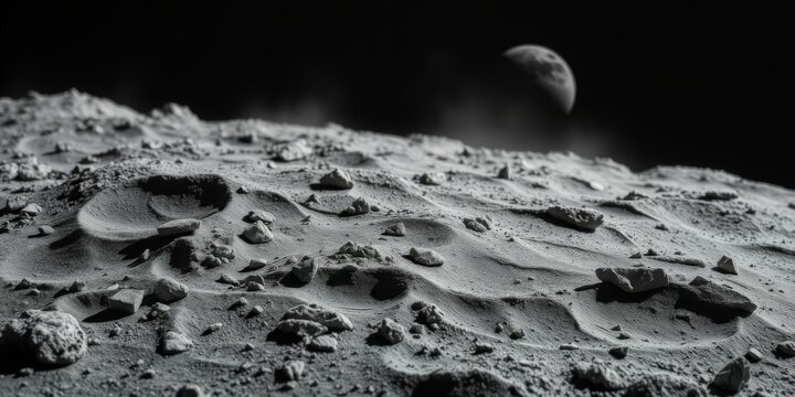 Craters and rugged terrain on the surface of the moon with rocks and dust, satellite, moon