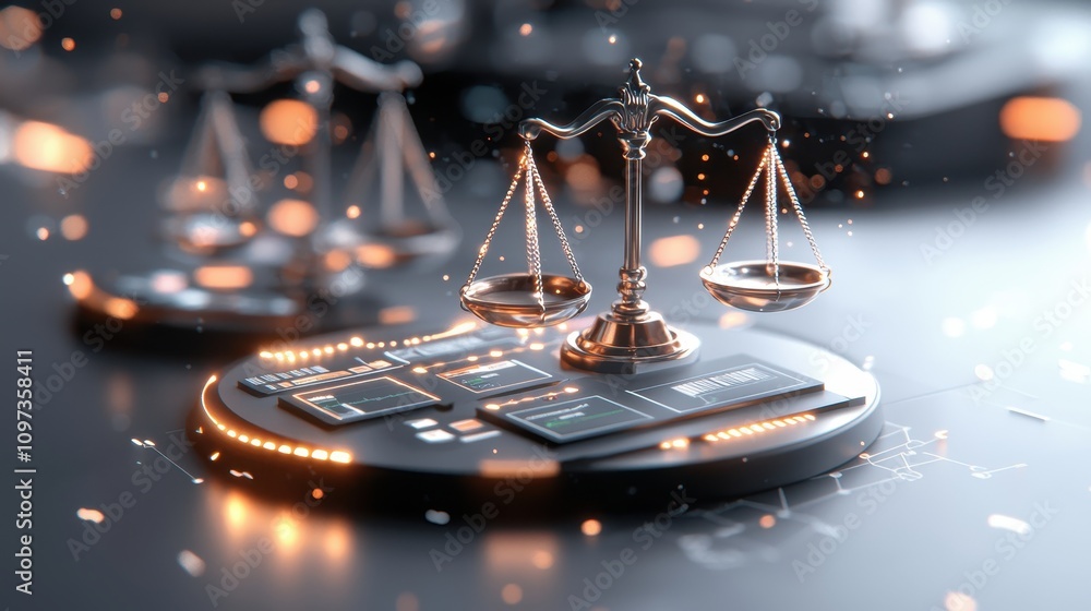 Poster modern scales of justice on digital interface with tech elements
