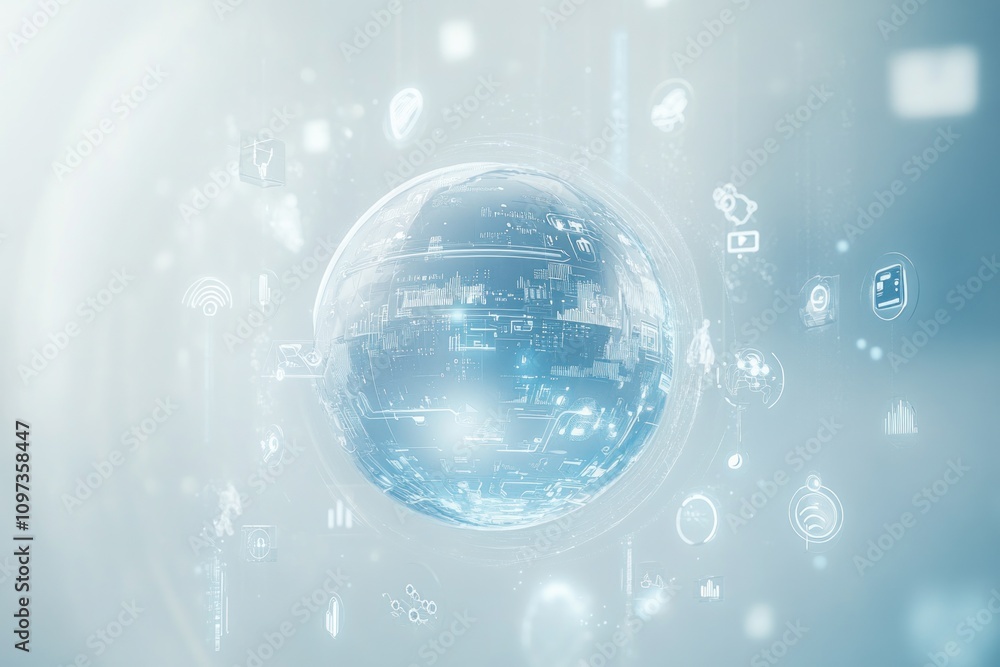 Aufkleber futuristic digital globe with network icons, representing global connectivity and data flow.