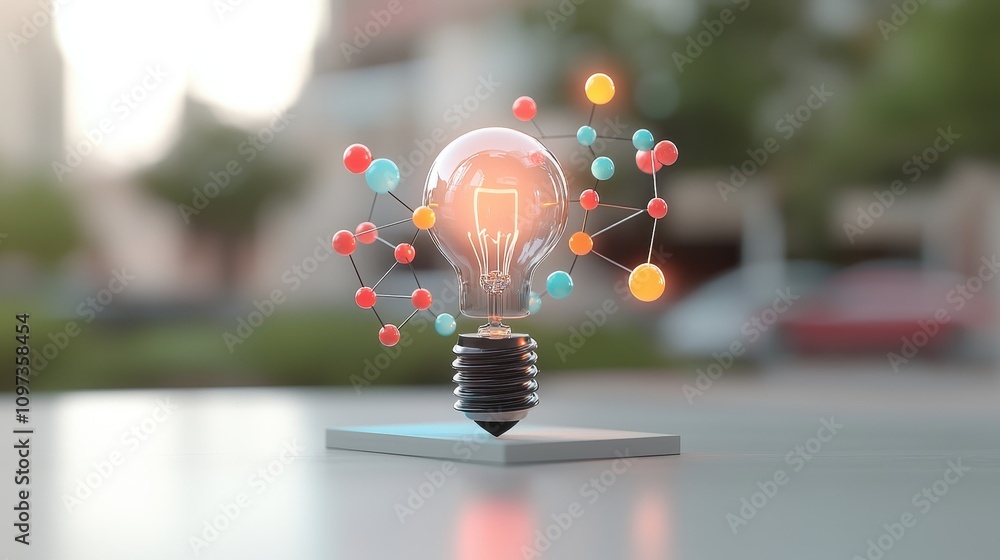 Poster creative light bulb with colorful molecular structure and glow effect