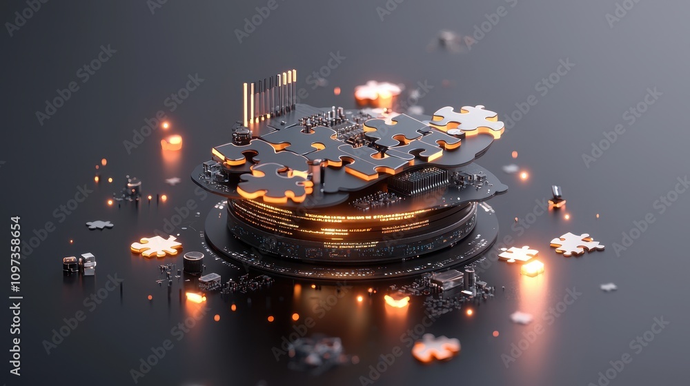 Poster futuristic puzzle concept on circuit board with glowing elements
