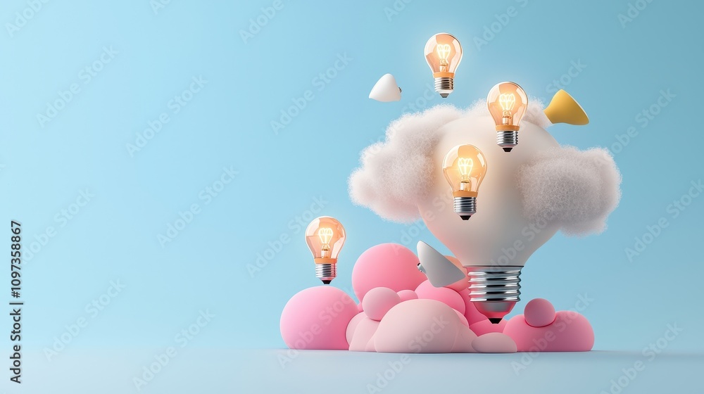 Poster creative concept of light bulb representation with soft clouds and shapes