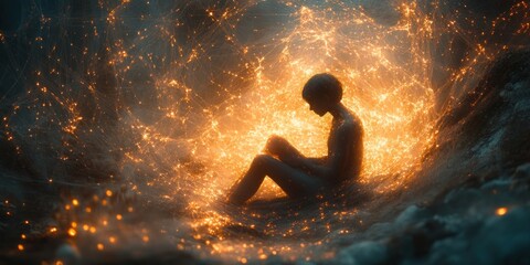 Obraz premium Solitary figure sits amidst glowing embers, contemplating life's mysteries.