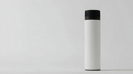 White cylindrical can with black lid on white background.