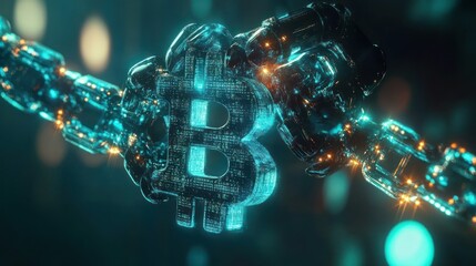 Fototapeta premium Glowing Bitcoin symbol connected by digital chains.