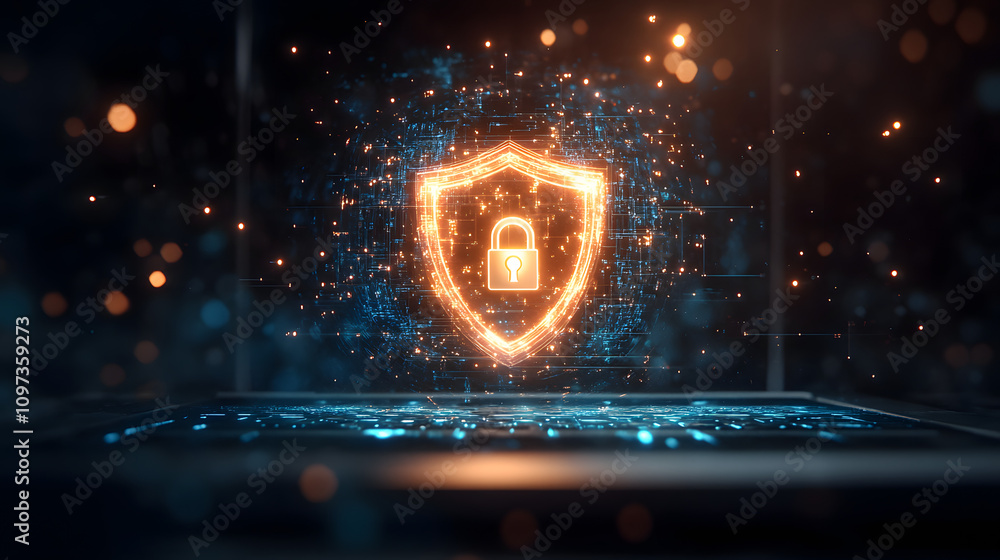 Wall mural digital illustration of cybersecurity network internet system web data centre protection padlock sym